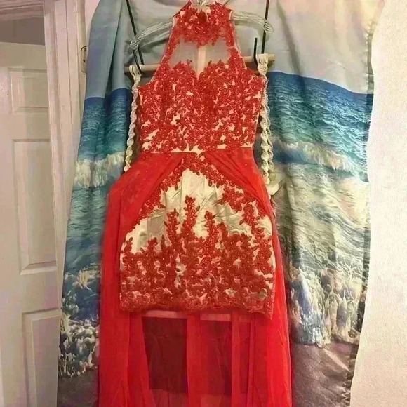 Red and Cream Floral Lace Halter Neck Evening Gown Prom Dress - Picture 1 of 17